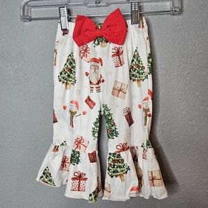 Christmas Pants Baby Girl 3-6 M Santa Red Bow Flare Bell Ruffle Cute Festive